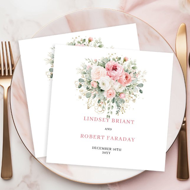 Custom Name Boho Blush Floral Gold Wedding Napkins (Custom Boho Blush Floral Gold Wedding Napkins)
