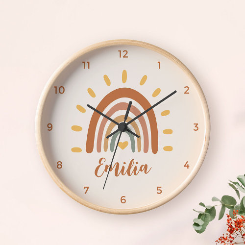 Custom Name Boho Earth Tone Rainbow Sun Clock