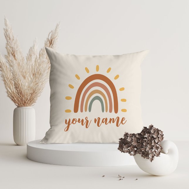 Custom Name Boho Earth Tone Rainbow Sun Throw Pillow (Creator Uploaded)