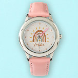 Custom Name Boho Earth Tone Rainbow Sun Watch<br><div class="desc">The Custom Name Boho Earth Tone Rainbow Sun watch is a unique and stylish accessory that combines bohemian and earthy elements with a vibrant rainbow sun. In addition to the striking graphic, the clock can also be customized with your own name, making it a truly personalized piece. The name will...</div>