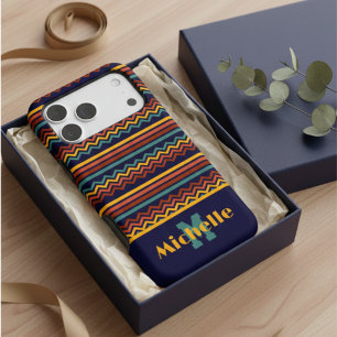Custom Name Boho Retro Teal Navy & Gold Pattern iPhone 17 Pro Max Case