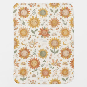 Custom Name Boho Sunflower Nursery Sun & Rainbow Baby Blanket