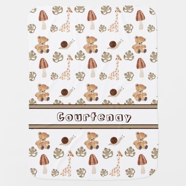 Custom Name Boho Woodland Jungle Animal Pattern Baby Blanket (Front)