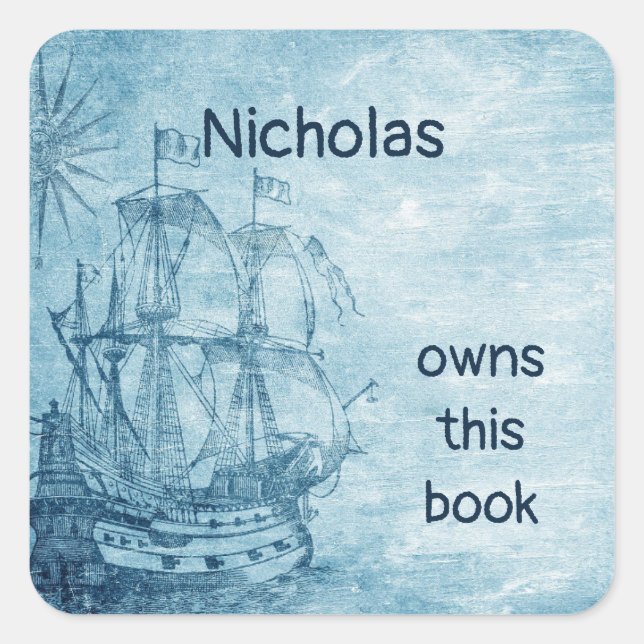 Custom Name Book Plate Vintage Sailing Ship Boat  (Front)