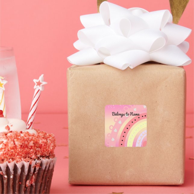 Custom Name Bookplate Cute Pink Rainbow Square Sti (Party)