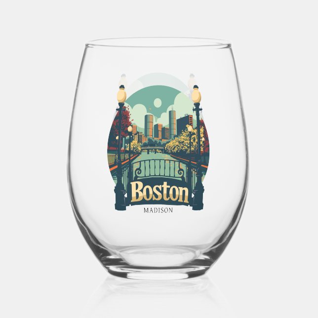 Custom Name Boston Massachusetts Stemless Wine Glass (Front)