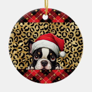 Custom Name Boston Terrier dog Santa hat Buffalo P Ceramic Ornament