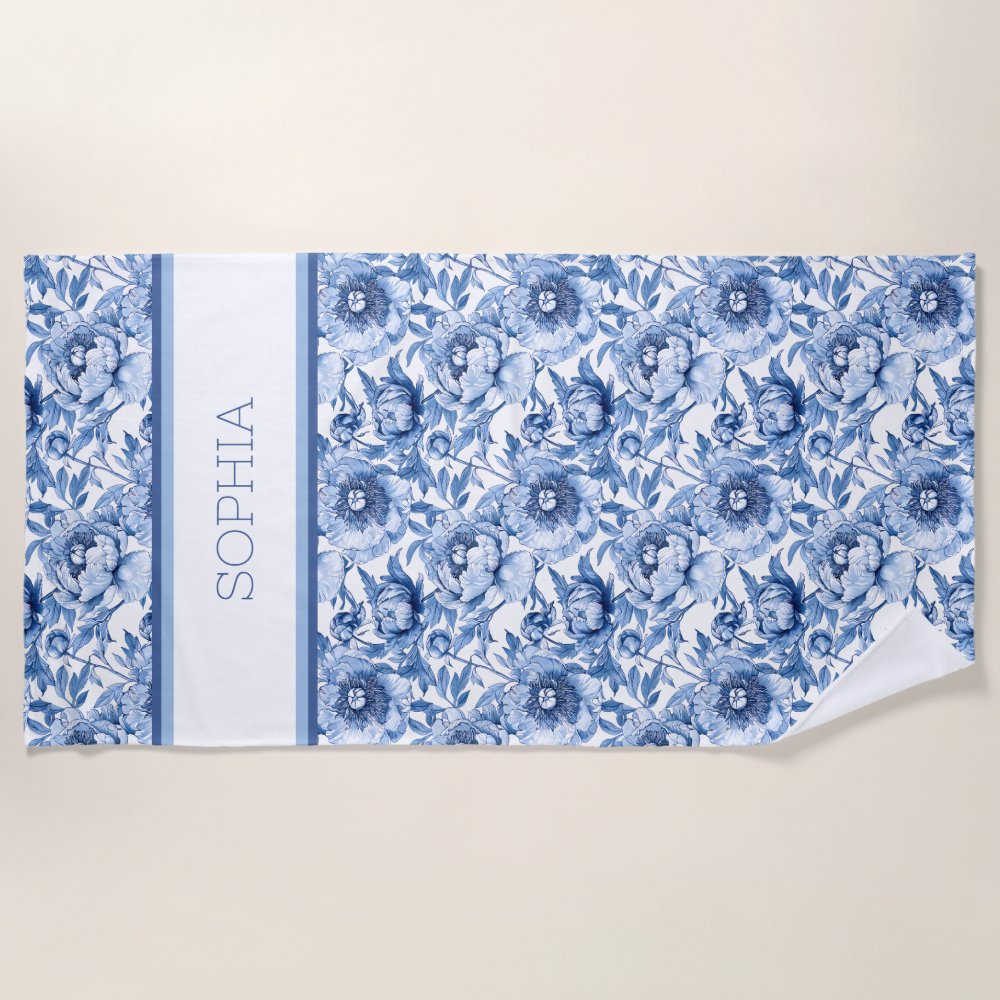 Discover Custom Name Botanical Blue Floral Delicate Flower Beach Towel