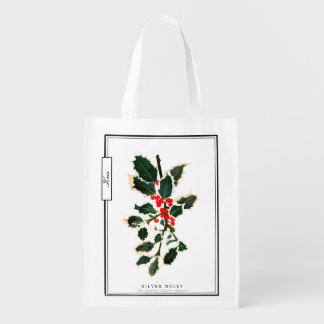 Custom Name Botanical Holly Reusable Grocery Bag