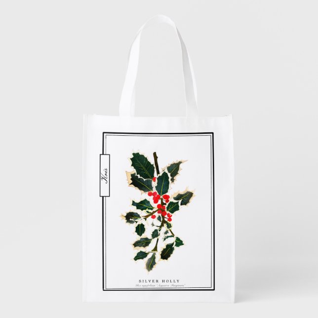 Custom Name Botanical Holly Reusable Grocery Bag (Front)