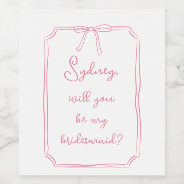 Custom Name Bow Pink Bridesmaid Proposal        Wine Label (Single Label)