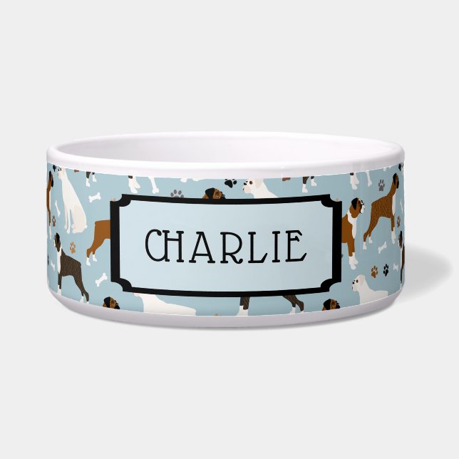 Custom Name Boxer Dog Bones and Paws Bowl (Front)