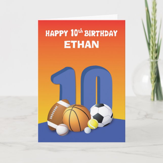Custom Name Boy 10th Birthday Sports Balls Card (Front)