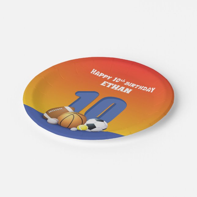 Custom Name Boy 10th Birthday Sports Balls Paper Plates (Angled)