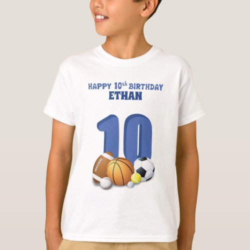 Custom Name Boy 10th Birthday Sports Balls T_Shirt