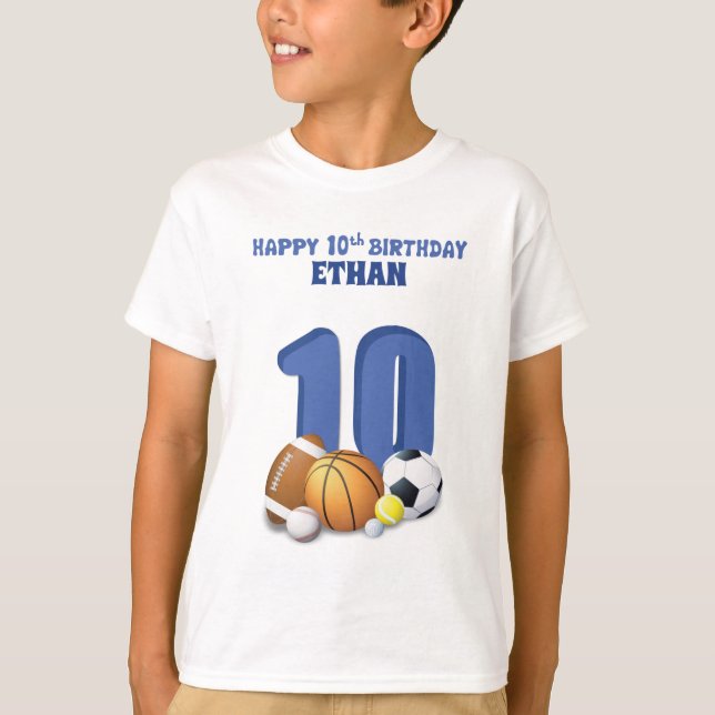 Custom Name Boy 10th Birthday Sports Balls T-Shirt (Front)