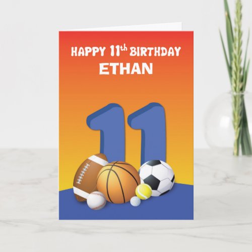Custom Name Boy 11th Birthday Sports Balls Card