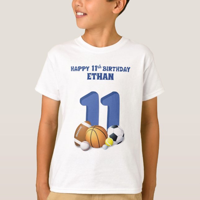 Custom Name Boy 11th Birthday Sports Balls T-Shirt (Front)