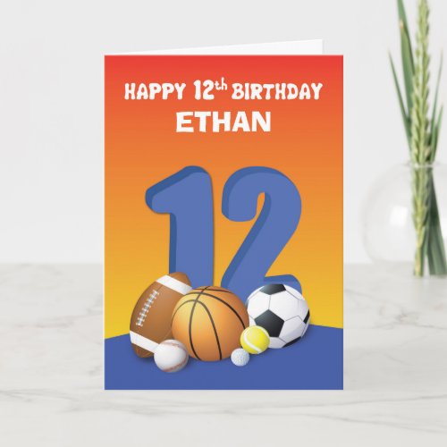 Custom Name Boy 12th Birthday Sports Balls Card