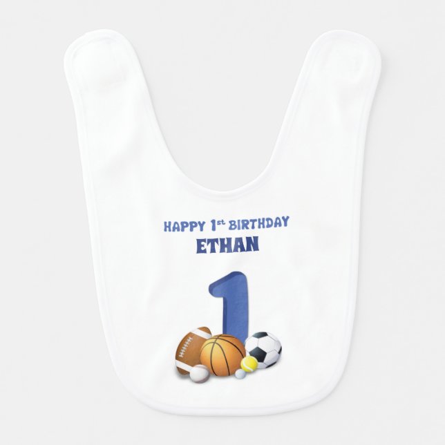 Custom Name Boy 1st Birthday Sports Balls Baby Bib (Front)