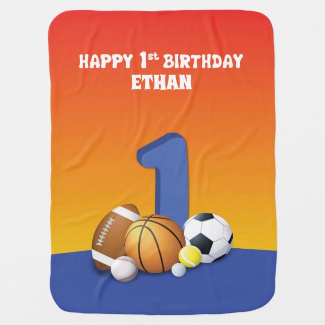 Custom Name Boy 1st Birthday Sports Balls Baby Blanket (Front)