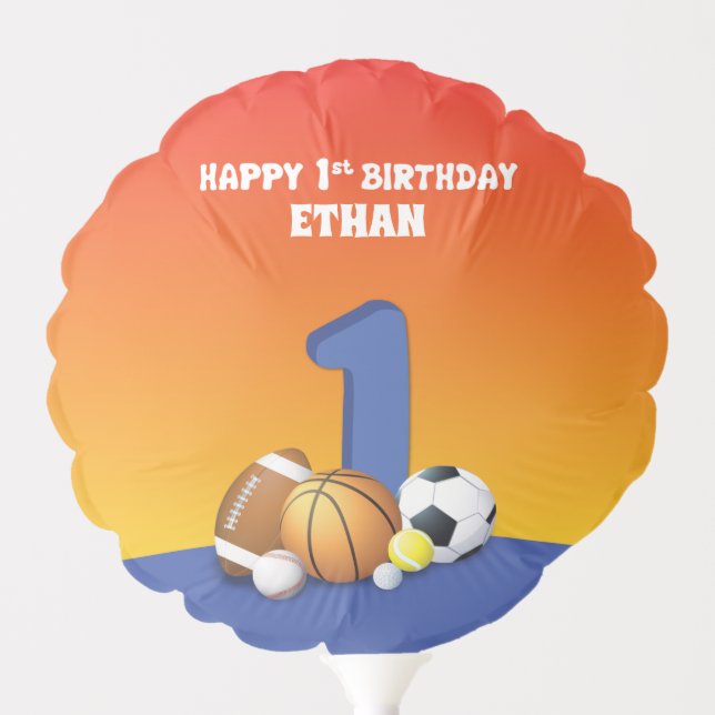 Custom Name Boy 1st Birthday Sports Balls Balloon (Front)