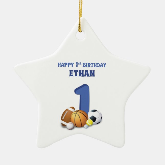 Custom Name Boy 1st Birthday Sports Balls Ceramic  Ceramic Ornament (Front)