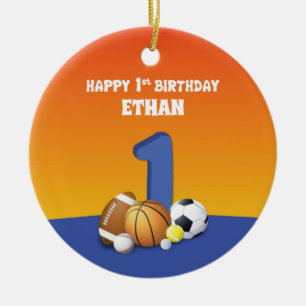 Custom Name Boy 1st Birthday Sports Balls Ceramic Ornament