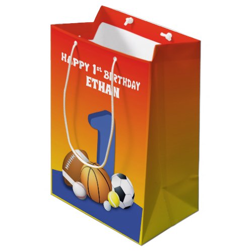 Custom Name Boy 1st Birthday Sports Balls Medium Gift Bag