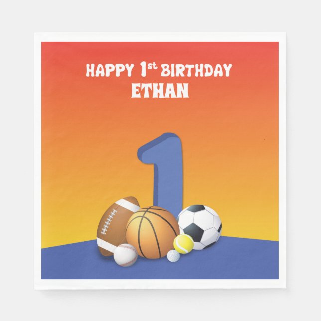 Custom Name Boy 1st Birthday Sports Balls Napkins (Front)