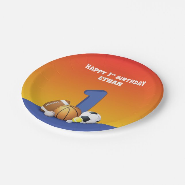 Custom Name Boy 1st Birthday Sports Balls Paper Plates (Angled)