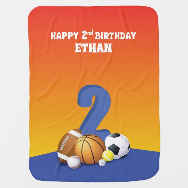 Custom Name Boy 2nd Birthday Sports Balls Baby Blanket (Front)