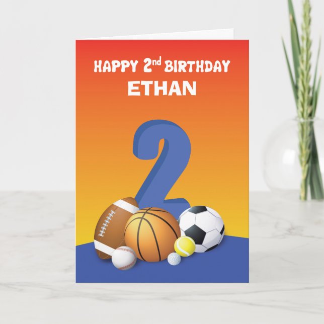 Custom Name Boy 2nd Birthday Sports Balls Card (Front)