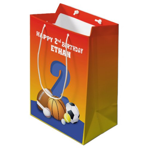 Custom Name Boy 2nd Birthday Sports Balls Medium Gift Bag