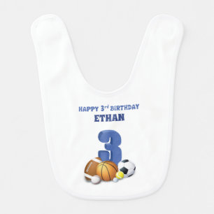 Custom Name Boy 3rd Birthday Sports Balls Baby Bib