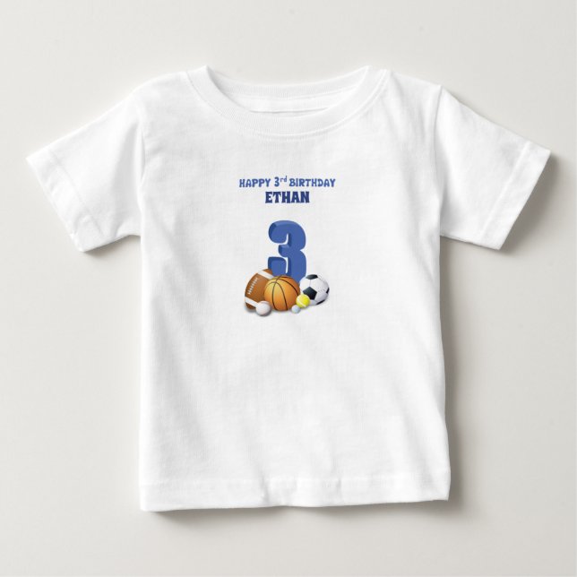 Custom Name Boy 3rd Birthday Sports Balls Baby T-Shirt (Front)