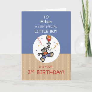 Custom Name Boy 3rd Teddy Bear Balloon Birthday Card