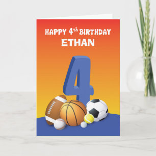 Custom Name Boy 4th Birthday Sports Balls Card