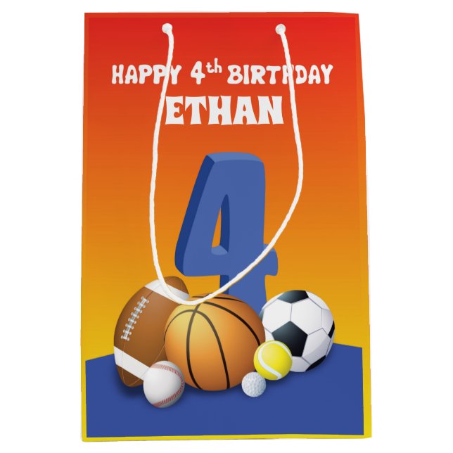 Custom Name Boy 4th Birthday Sports Balls Medium Gift Bag (Front)