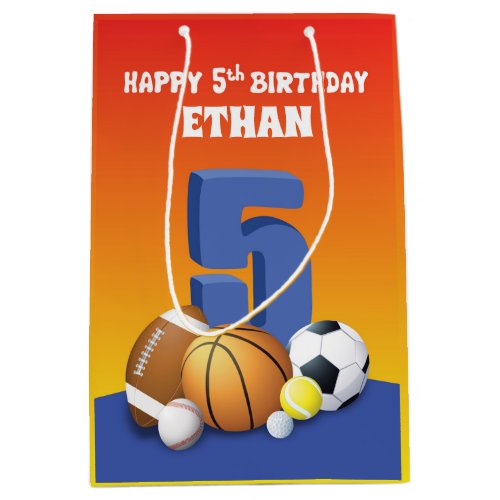 Custom Name Boy 5th Birthday Sports Balls Medium Gift Bag