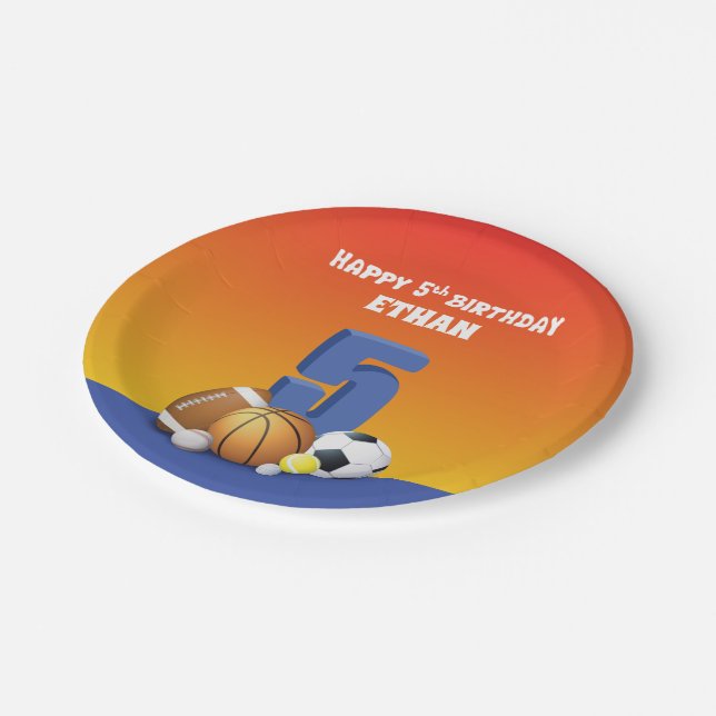 Custom Name Boy 5th Birthday Sports Balls Paper Plates (Angled)