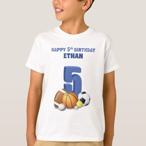 Custom Name Boy 5th Birthday Sports Balls T_Shirt