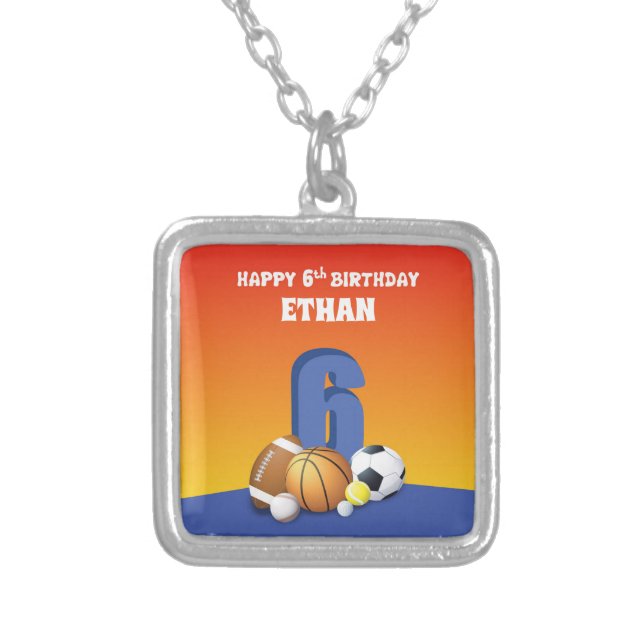 Custom Name Boy 6th Birthday Sports Balls Silver Plated Necklace (Front)