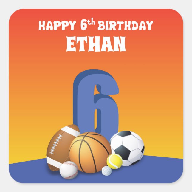 Custom Name Boy 6th Birthday Sports Balls Square Sticker (Front)