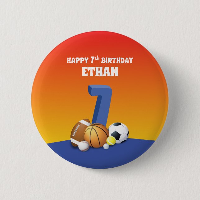Custom Name Boy 7th Birthday Sports Balls Button (Front)