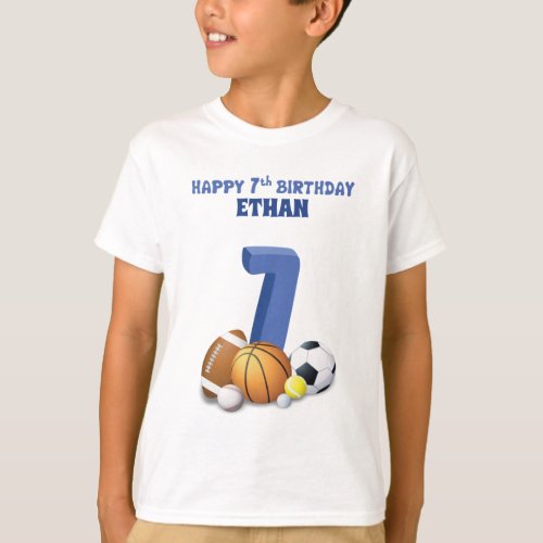 Custom Name Boy 7th Birthday Sports Balls T_Shirt
