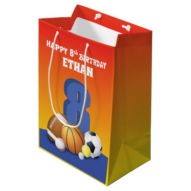 Custom Name Boy 8th Birthday Sports Balls Medium Gift Bag (Front Angled)