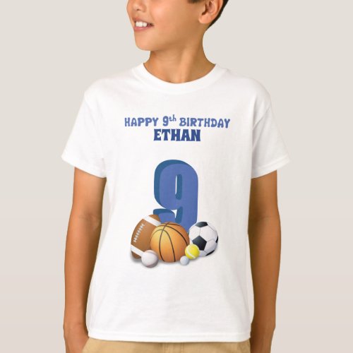 Custom Name Boy 9th Birthday Sports Balls T_Shirt