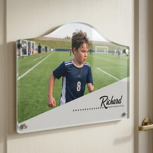 Custom Name Boy Soccer Player on Green Pitch Door Sign