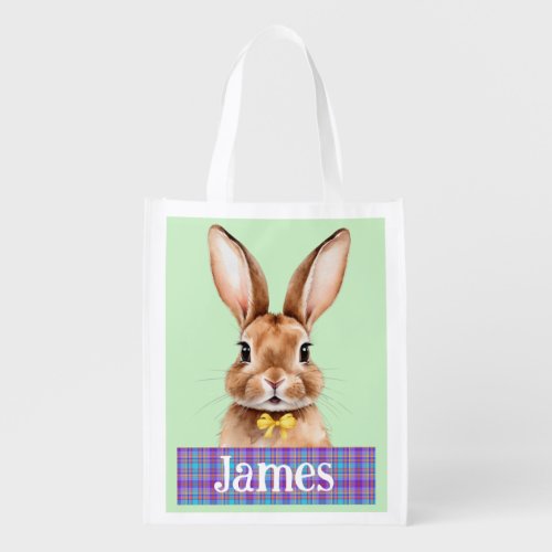 Custom Name Boys Easter Bunny Green Grocery Bag